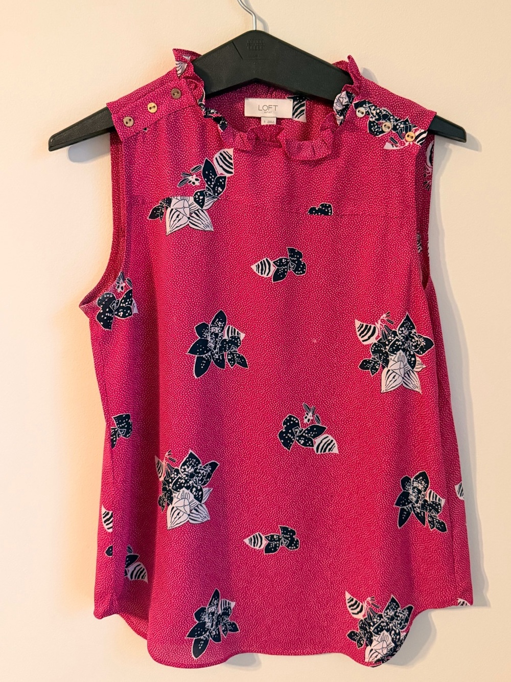 LOFT Pink Floral Ruffle Neck Sleeveless Shell